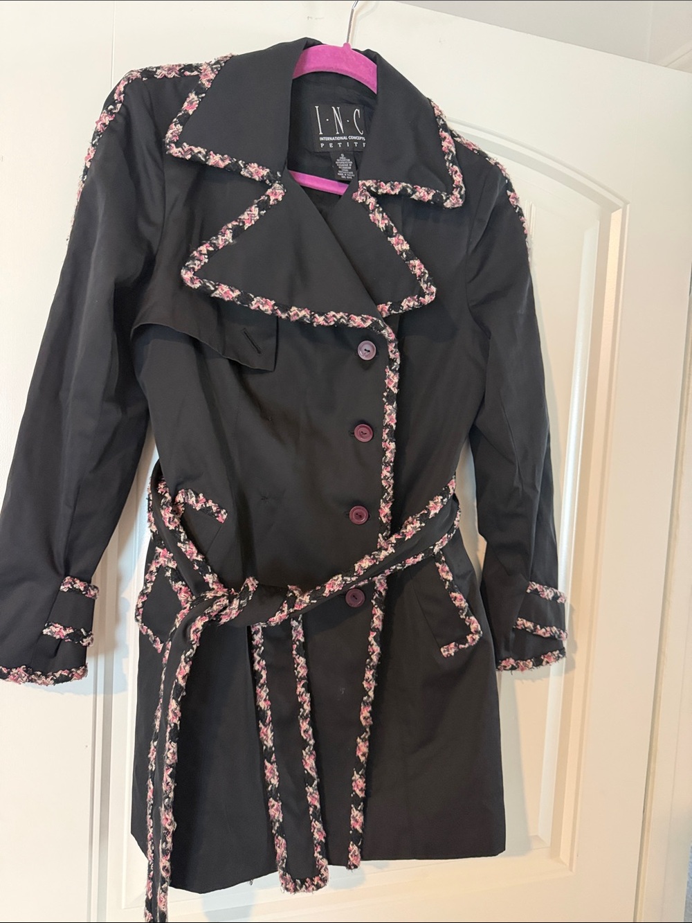 INC International Concepts Black Trench Coat with Pink Floral Trim